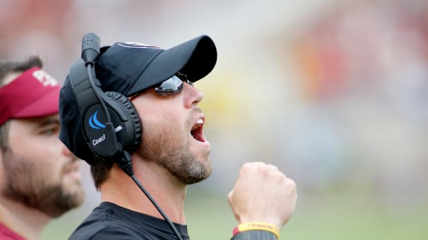 Oct 26, 2019; Tallahassee, FL, USA; Florida State Seminoles offensive coordinator Kendal Briles calls in a play during the second quarter against Syracuse at Doak Campbell Stadium.